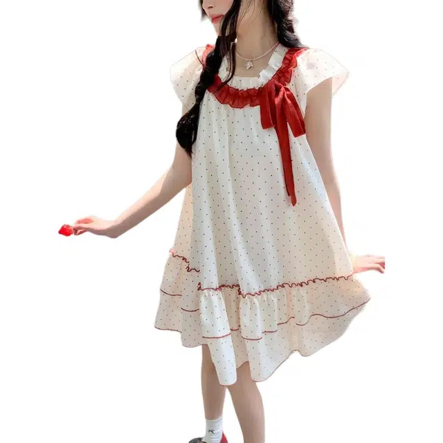 苏九儿 甜美蝴蝶结小飞袖短裙波点 短袖连衣裙 女款