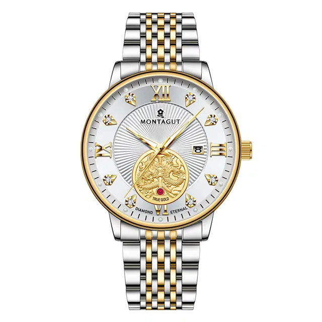 梦特娇 双龙戏珠系列 时尚上班族通勤商务百搭日期显示高级腕表罗马数字 自动机械机芯 精钢表带 国表 男表 白色表盘 学生党运动防水夜光