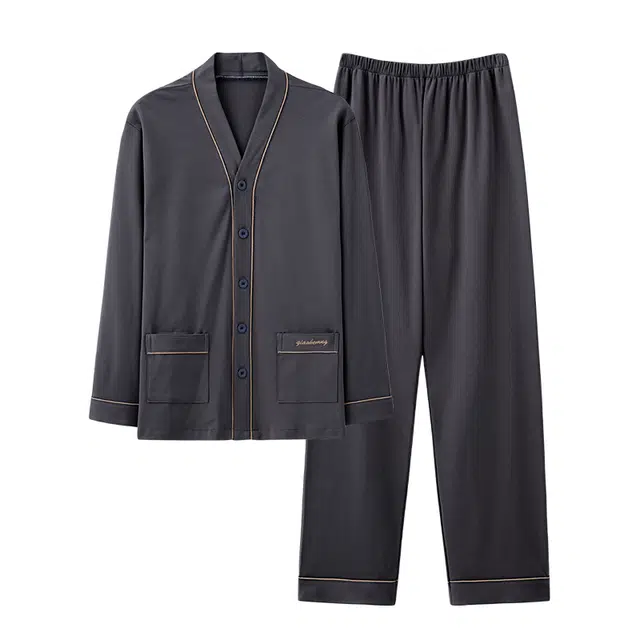 俏佳人 开衫纯色和尚领简约宽松休闲亲肤舒适透气可外穿家居服长袖长裤睡衣套装 男款