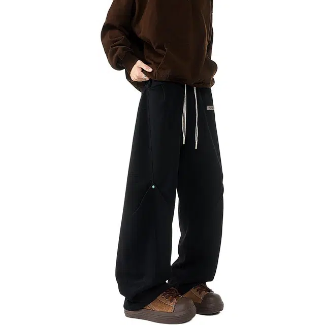 大码可穿线条拼接铆钉赫赫良衣 美式复古痞帅高街少年感垂感弯刀阔腿长裤子百搭舒适宽松显高显瘦小众高级感学院风韩系潮牌休闲裤 男女同款