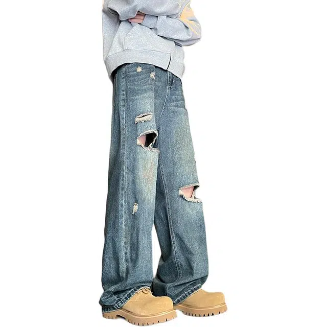 金贝勒 美式高街潮牌复古水洗做旧解构破洞毛边拼接设计透气亲肤凉感街头痞帅潮流舒适百搭宽松休闲垂感拖地牛仔裤 男女同款