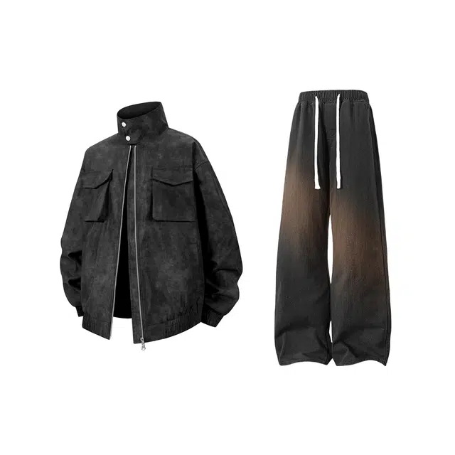 【梭织扎染夹克牛仔裤一套】布客行 美式复古防风保暖长袖立领外套港风宽松阔腿抽绳水洗做旧长裤休闲运动套装 男女同款