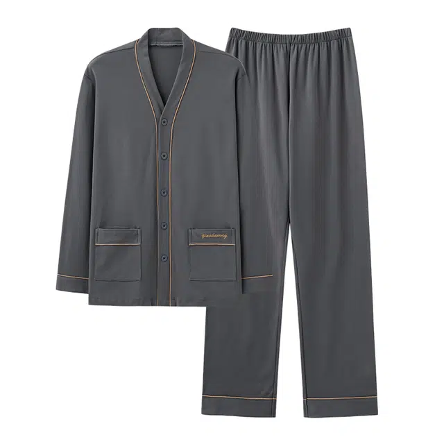 俏佳人 纯色开衫和尚领简约家居服宽松休闲亲肤舒适透气可外穿长袖长裤睡衣套装 男款