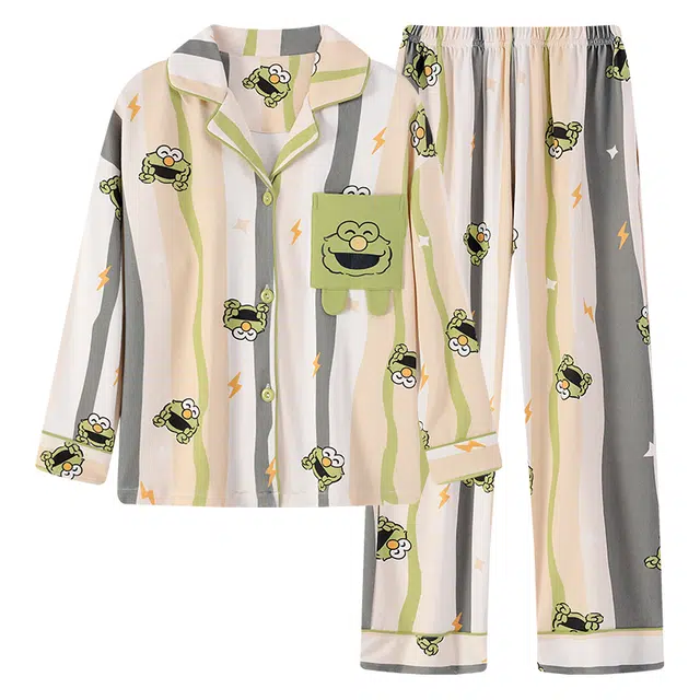 俏霓桐 春秋款可爱卡通纯棉亲肤休闲拼色时尚高颜值翻领长袖长裤家居服可外穿睡衣套装 男款