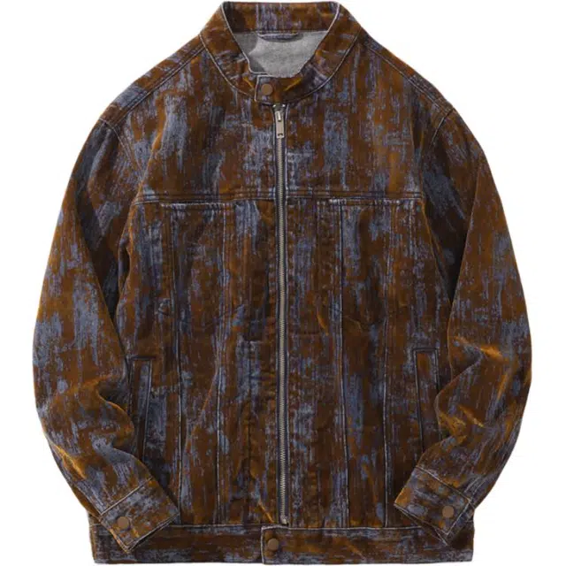 希越 高街美式废土风设计感不规则植绒立领拉链牛仔外套秋季泥染痞帅宽松复古欧美高奢机车上衣服夹克推荐 男款