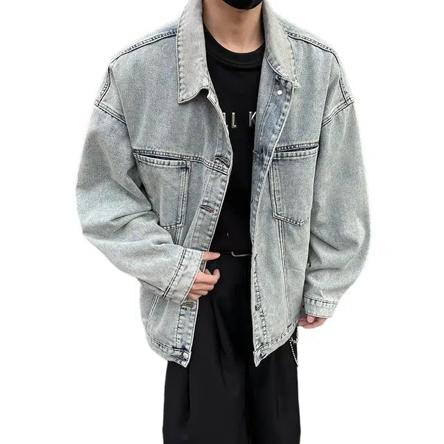 木林森 美式经典复古水洗做旧结构设计款潮流高街百搭品牌翻领宽松休闲牛仔外套 男女同款