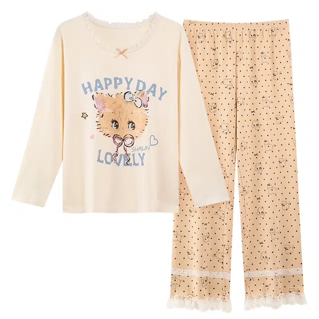 俏霓桐 可爱卡通圆领带胸垫甜美波点优雅蕾丝休闲长袖长裤家居服可外穿睡衣套装 女款