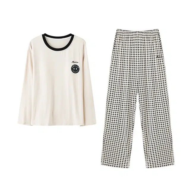 木林森 印花经典版型轻薄凉感垂顺不易皱长袖长裤睡衣套装 女款