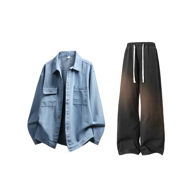 【纯色牛仔工装夹克裤子一套】布客行 复古简约美式翻领单排扣外套抽绳松紧腰口水洗做旧宽松阔腿长裤休闲运动套装 男女同款