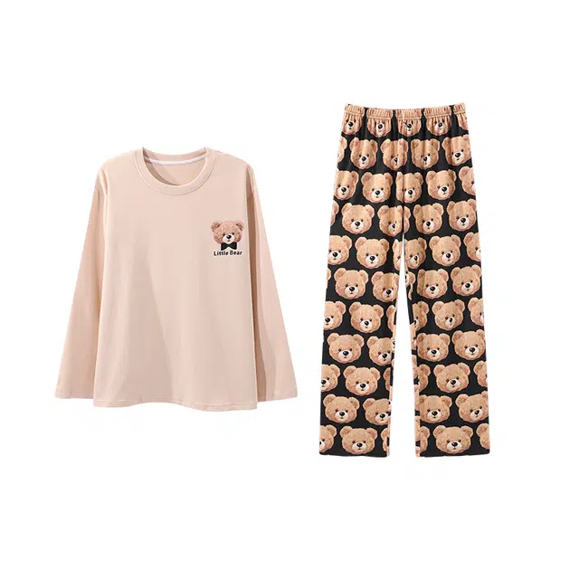 俏霓桐 时尚满印圆领纯棉亲肤可爱卡通小熊简约休闲舒适长袖长裤家居服可外穿睡衣套装 男款