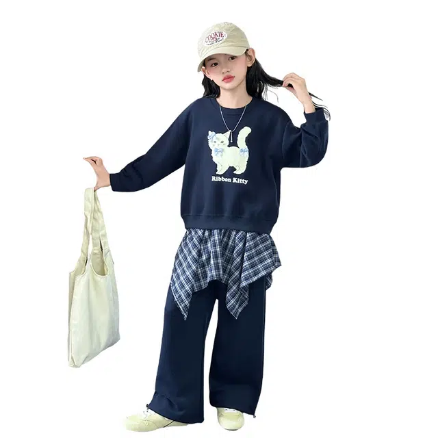 蓝彩何休闲运动套装 大童格子拼接韩版卫衣服装小女孩两件套洋气女童时髦秋装炸街