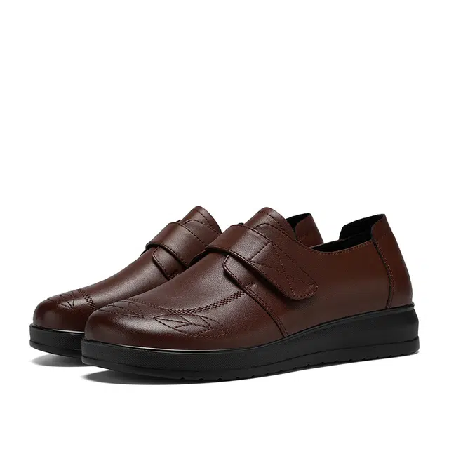 足力健 皮鞋 妈妈鞋 合成革牛剖层革 简约 舒适 优雅 时尚 经典 百搭 轻便 魔术贴 休闲单鞋 女