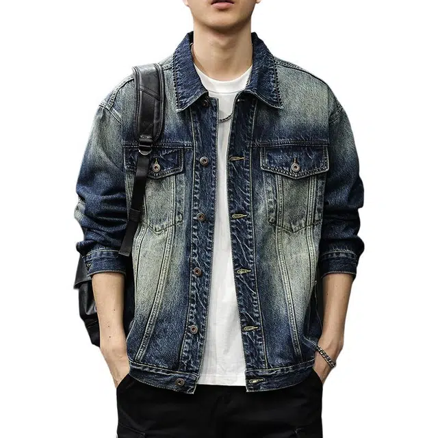 前进牛 秋季美式休闲复古潮牌拽酷风工装拉链口袋水洗做旧潮流高街嘻哈街头痞帅拼接宽松大码翻领牛仔外套 男款