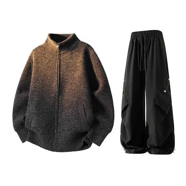 梓润格 美式复古街头学院风潮流经典重磅长袖立领拉链开衫毛衣百搭透气舒适垂感褶皱铆钉阔腿裤显高显瘦休闲运动套装 男女同款