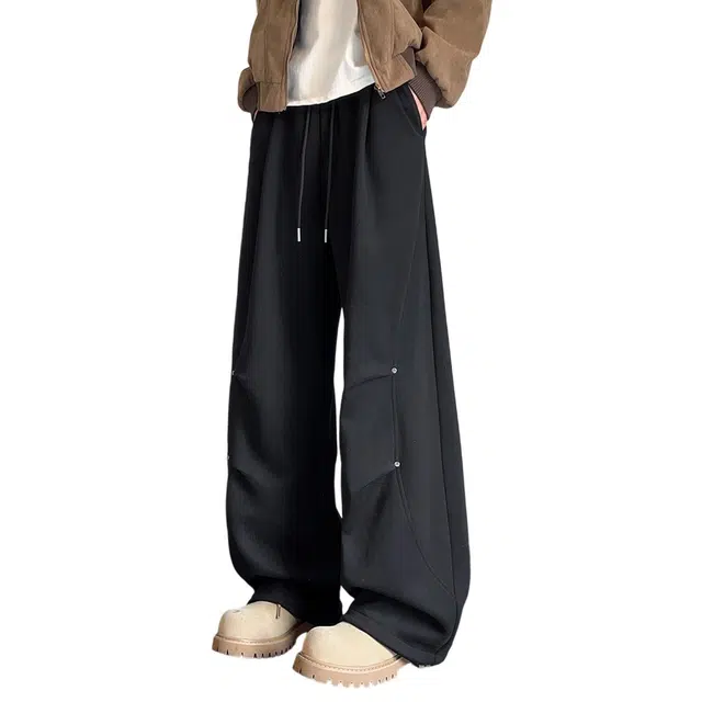 顶峰保罗 铆钉褶皱伞兵工装裤美式潮牌高街小众设计感宽松大码纯色直筒运动拖地长裤子弹力抽绳显高显瘦简约百搭阔腿垂感休闲裤 男女同款