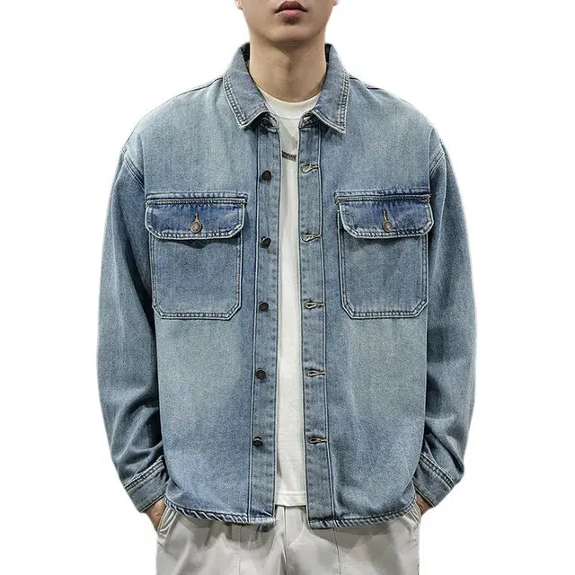 前进牛 秋季阿美咔叽高端复古水洗长袖潮流高街嘻哈街头痞帅宽松休闲牛仔外套 男款