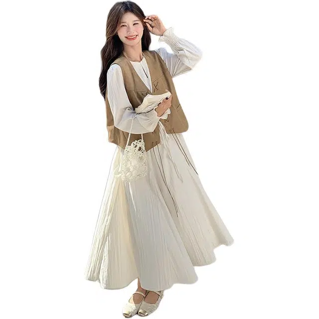 袋鼠 法式慵懒甜酷风温柔马甲连衣裙两件套时尚穿搭裙装套装 女款