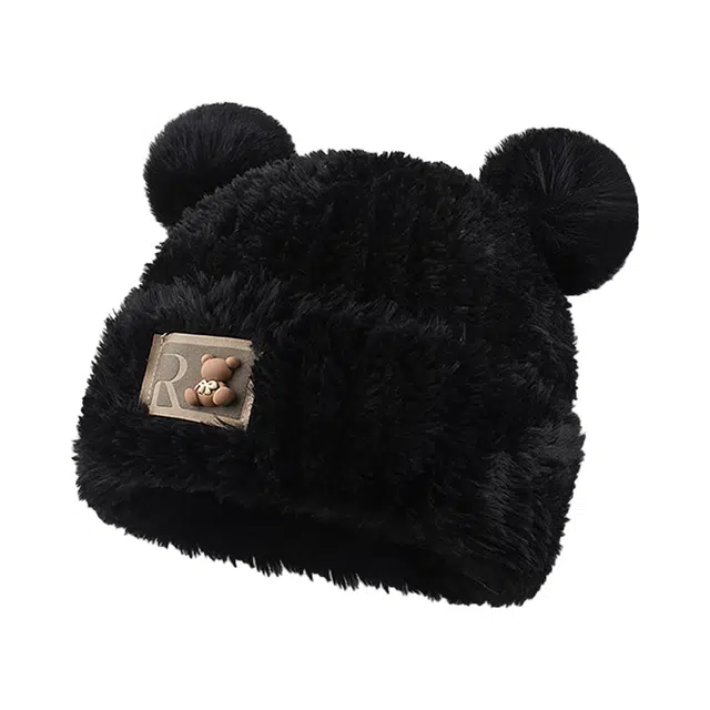 南极人 帽子冬季保暖毛绒小熊毛线针织帽加厚加绒防风包头帽显脸小可爱甜美 毛茸茸 绒线帽 女款