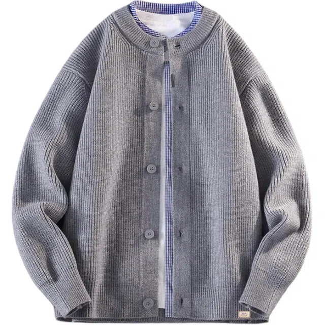 北欧攻略 秋冬学院风假两件格子拼接毛衣开衫外套软糯舒适休闲通勤百搭长袖针织衫 男女同款