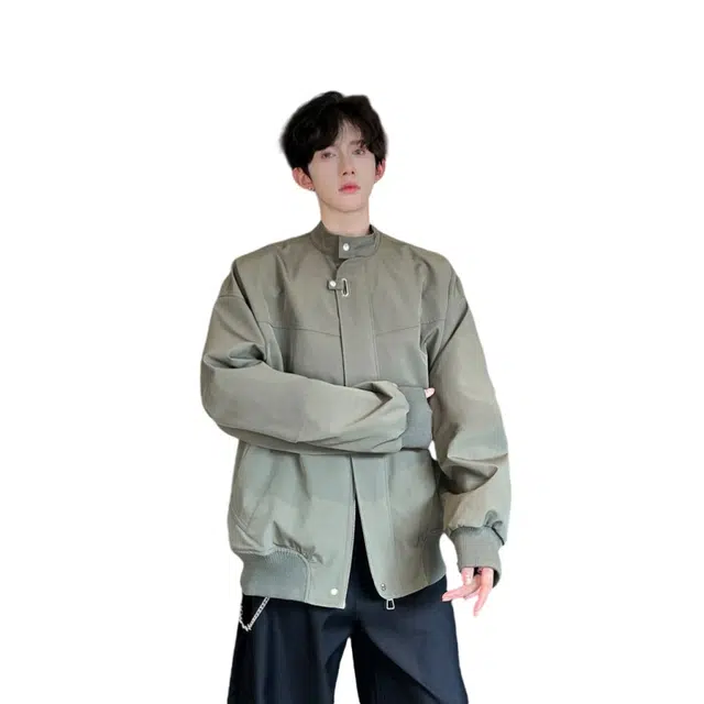 加荣 美式复古设计做旧工装立领男款学院风高街纯色潮流舒适百搭男士夹克痞帅防风防泼水透气男秋款宽松休闲肩垂感男外套 男女同款