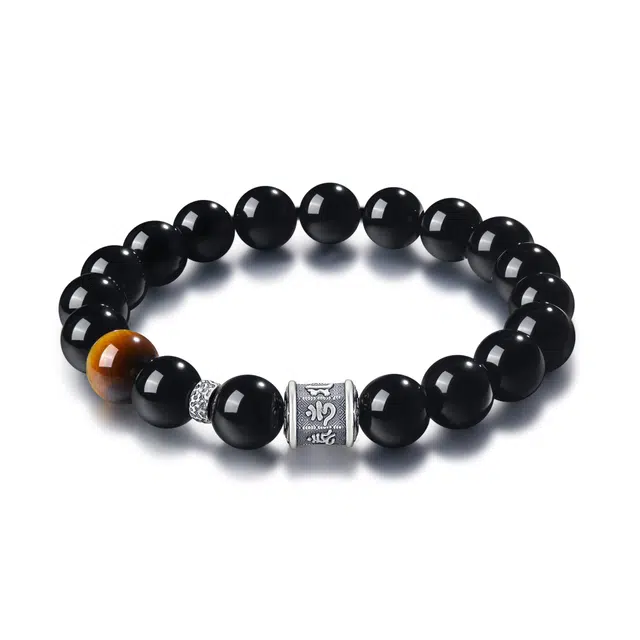 中国黄金 珍·尚银 新中式六字箴言 国潮时来运转小众轻奢设计 百搭复古民族风男生潮流手链 纪念日礼盒装 好运 黑曜石 玉石手串 男款