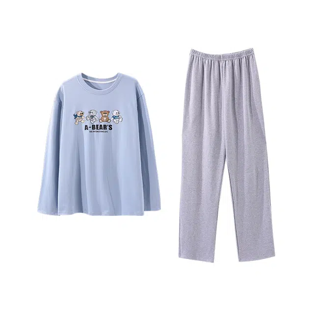 俏霓桐 简约小熊圆领纯棉亲肤可爱卡通休闲舒适百搭长袖长裤家居服可外穿睡衣套装 男款