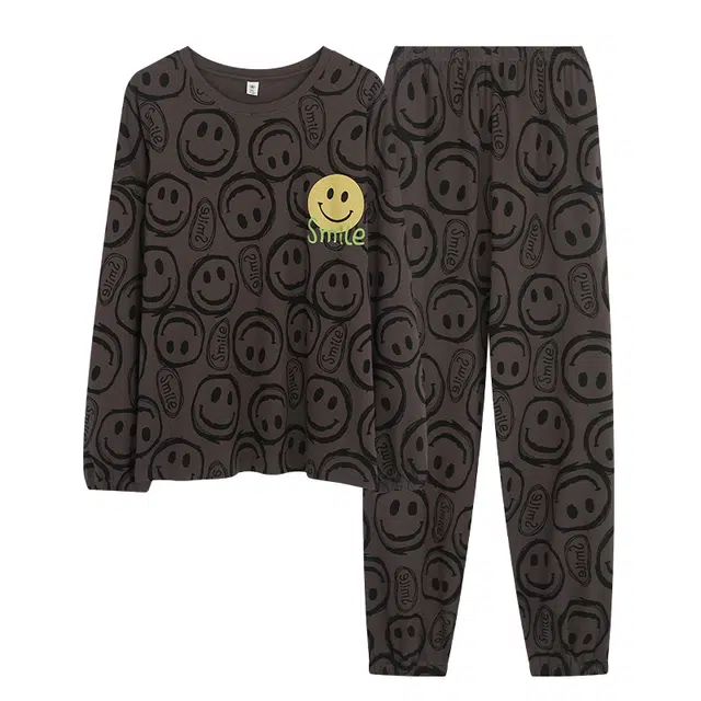 俏霓桐 简约笑脸纯棉亲肤休闲可爱清新圆领百搭舒适长袖长裤家居服可外穿睡衣套装 男款