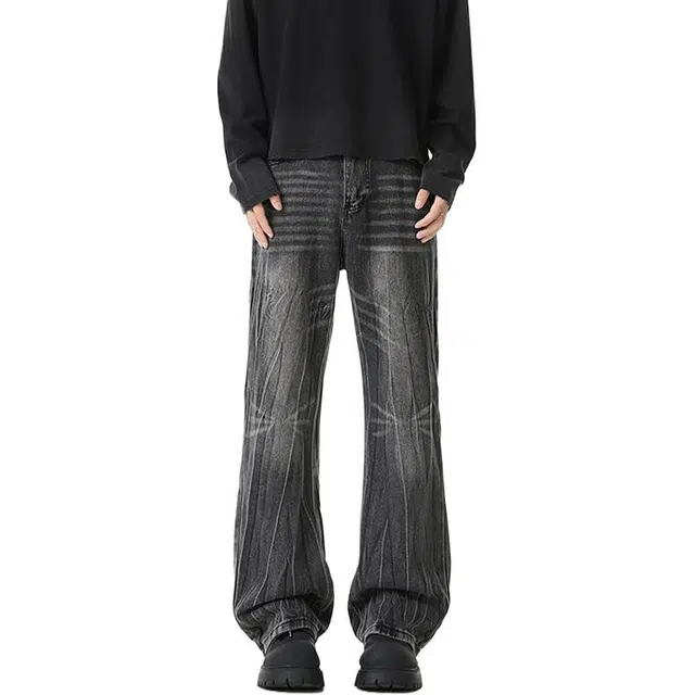 佐菲利 美式复古水洗做旧高街百搭直筒裤潮牌褶皱宽松长裤牛仔裤 男女同款