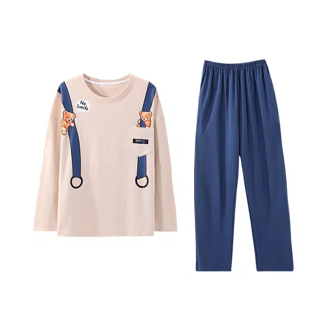 俏霓桐 可爱卡通小熊圆领纯棉亲肤简约清新休闲舒适长袖长裤家居服可外穿睡衣套装 男款