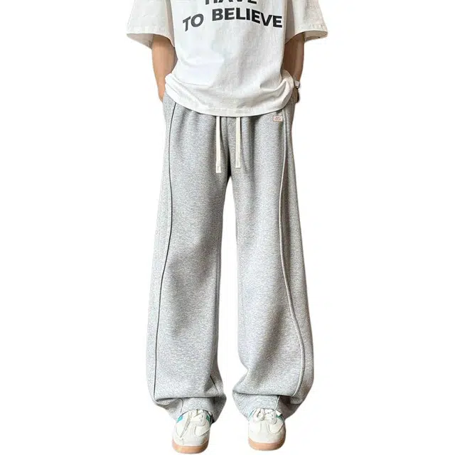 北欧攻略 秋冬慵懒风软糯舒适垂感线条设计弯刀卫裤直筒运动裤潮牌宽松显瘦百搭休闲裤 男女同款