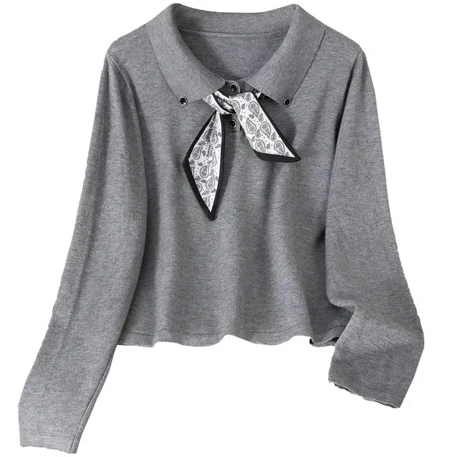 她池 文艺风短款翻领套头设计感气质正肩长袖针织衫 女款