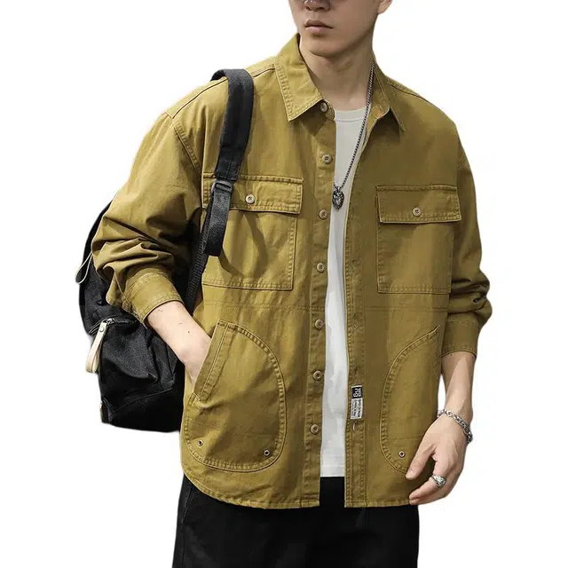 前进牛 秋季美式休闲经典复古潮牌长袖衬衫潮流宽松痞帅休闲牛仔外套 男款