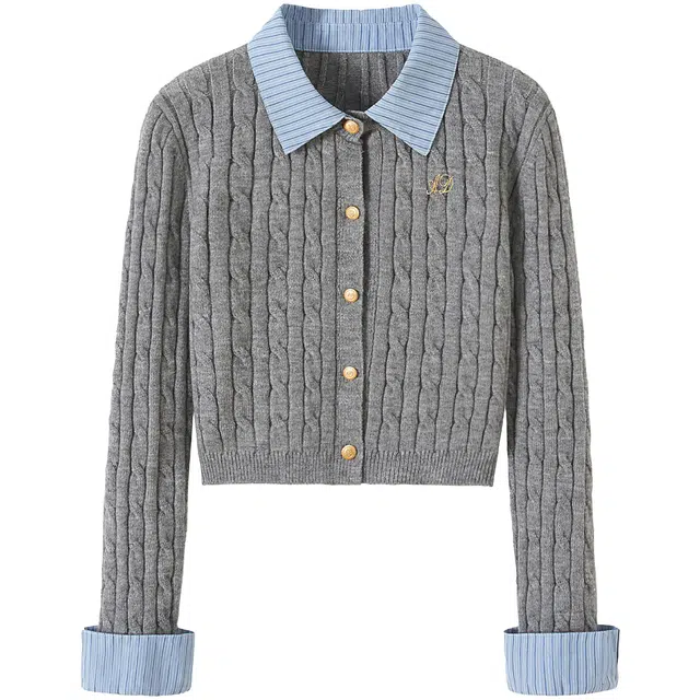 她池 撞色条纹翻领单排扣文艺学院风长袖针织衫 女款