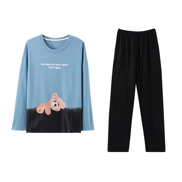 俏霓桐 时尚拼色圆领纯棉亲肤简约可爱卡通小熊休闲长袖长裤家居服可外穿睡衣套装 男款