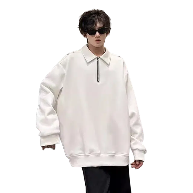 一碗士多 美式复古小众百搭纯色简约个性时尚痞帅铆钉设计半拉链宽松舒适通勤日常户外基础款翻领卫衣 男女同款