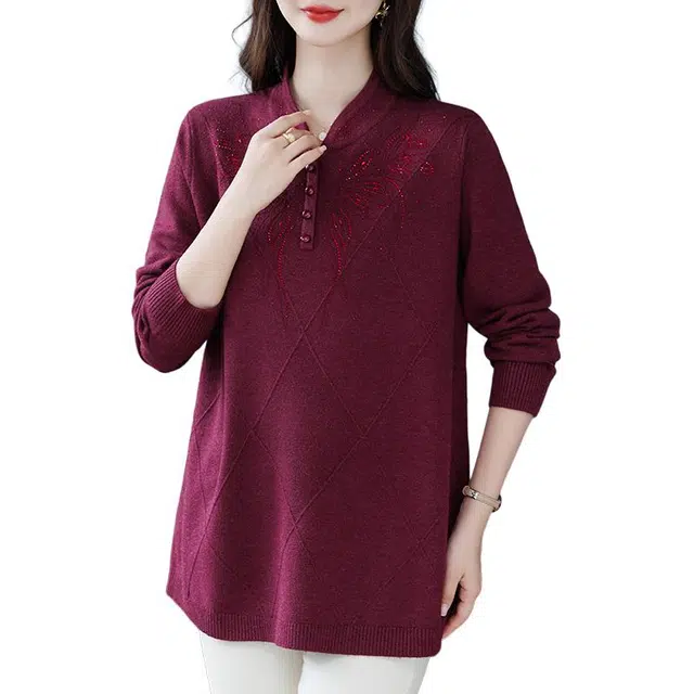 袋鼠 优雅气质宽松百搭立领纯色质感烫钻长袖妈妈装针织衫 女款