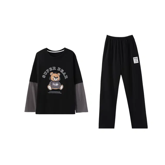 俏霓桐 时尚拼色圆领纯棉亲肤可爱卡通小熊简约休闲舒适宽松长袖长裤家居服可外穿睡衣套装 男款
