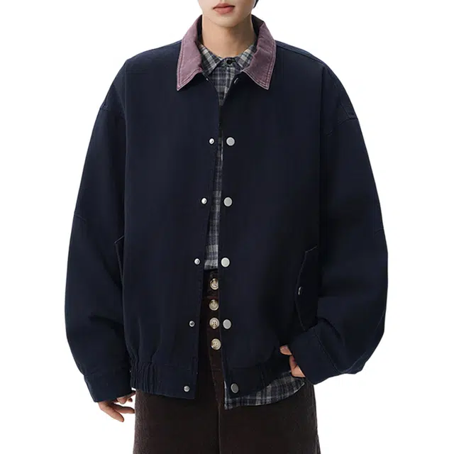 冈哉 美式复古纯色做旧工装翻领撞色设计防风保暖百搭宽松休闲日常通勤夹克外套 男女同款