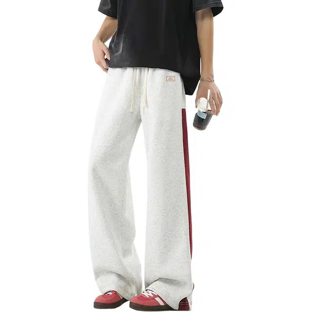北欧攻略 美式复古高街侧边条纹撞色直筒卫裤垂感柔软舒适宽松百搭学院风运动裤休闲裤 男女同款