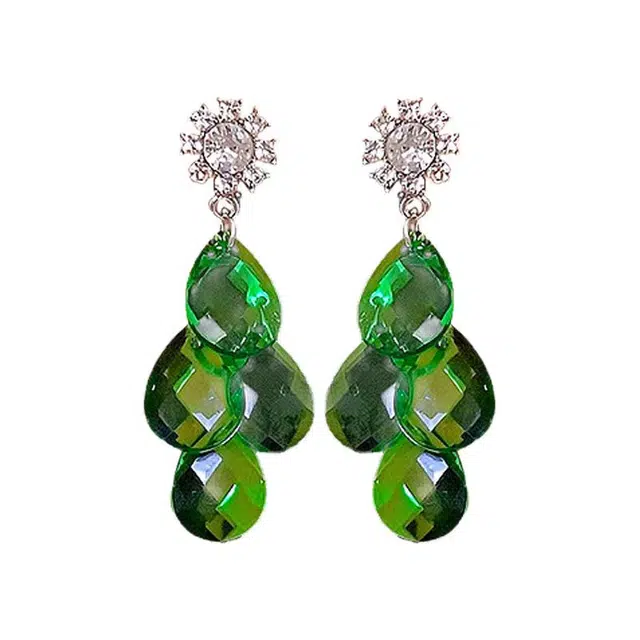 澜耀 绿色水滴流苏 闪耀轻奢优雅气质百搭时尚简约高级感耳饰 合金 耳环 女款