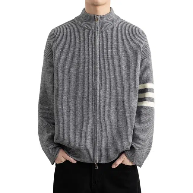 徐百货 美式复古双拉链条纹三条杠立领开衫潮牌高级感痞帅休闲外套潮流百搭宽松舒适毛衣 男女同款
