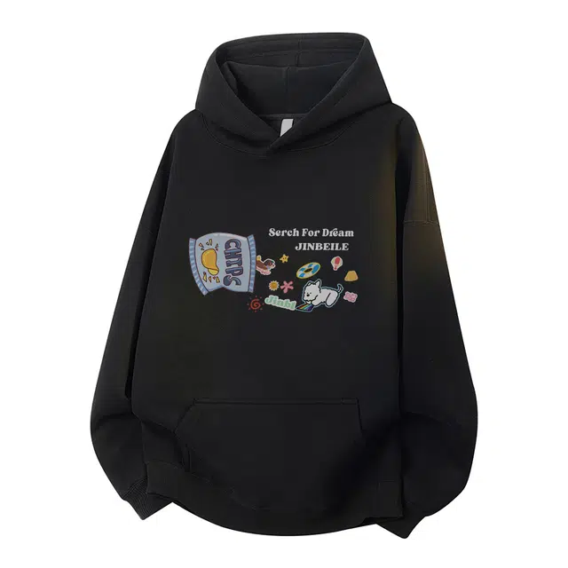 金贝勒 重磅美式复古潮流卡通创意印花基础款透气时尚宽松休闲百搭慵懒学院潮牌简约长袖落肩连帽卫衣 男女同款