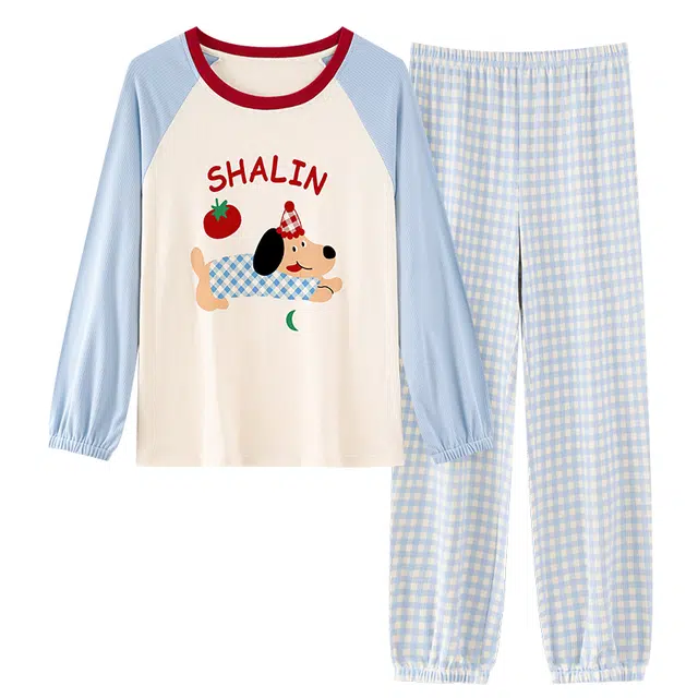 俏霓桐 清新格子圆领带胸垫可爱卡通甜美简约拼色长袖长裤家居服可外穿睡衣套装 女款