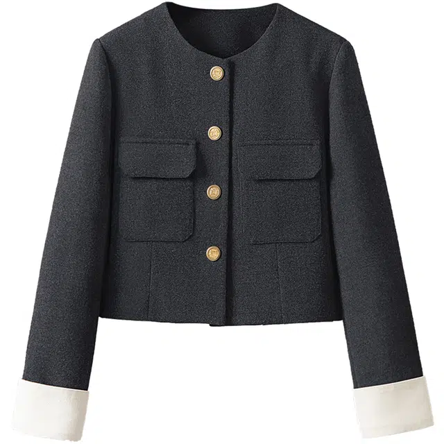 丝柏舍 简约气质圆领单排扣通勤短款正肩撞色拼接长袖截短外套 女款