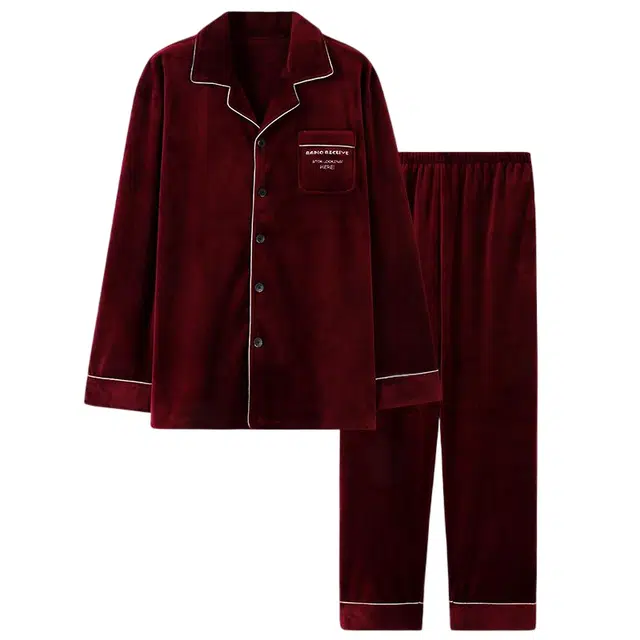 潞优野 高端品质秋冬款海岛绒加绒保暖春秋薄款法兰绒珊瑚绒睡衣套装 男款