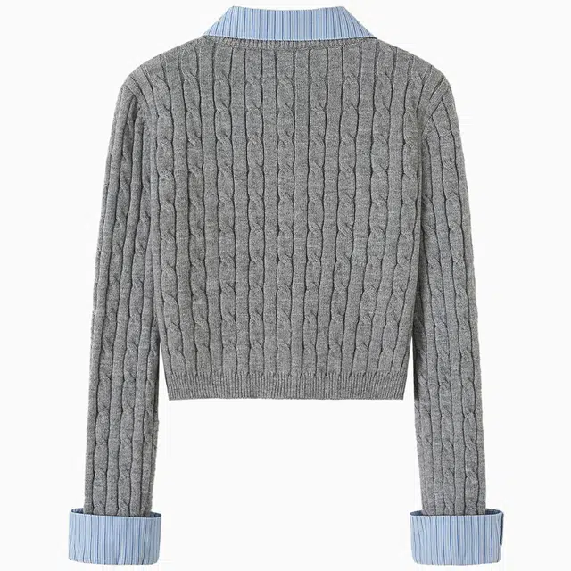 她池 撞色条纹翻领单排扣文艺学院风长袖针织衫 女款