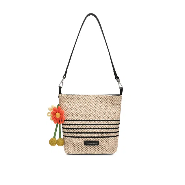 稻草人 编织通勤百搭花朵挂饰 合成革 水桶包单肩斜挎包 常规 女款 米白