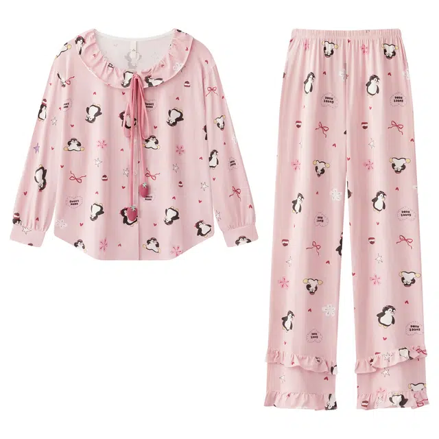 宫蝶 小企鹅长袖纯棉卡通满印家居服休闲可外穿宽松开衫睡衣套装 女款