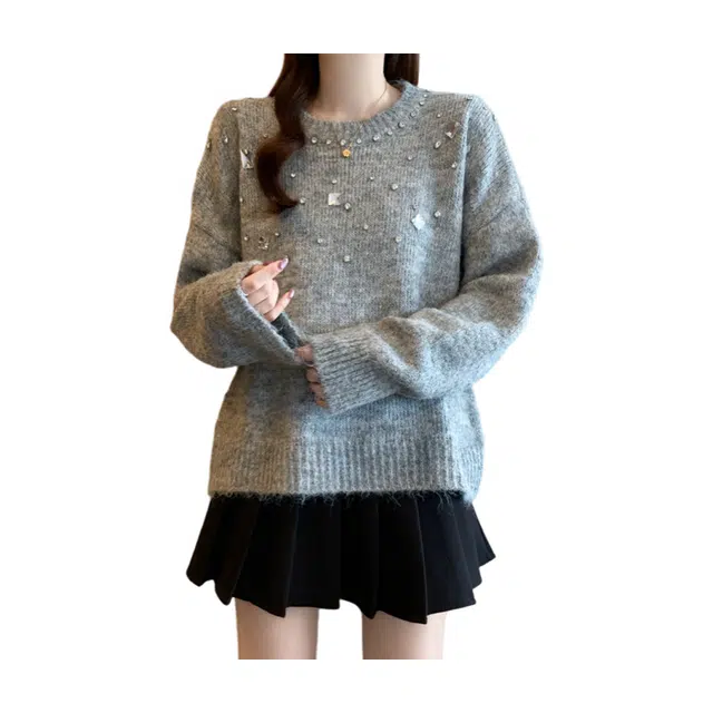 荟萃阁 重工钉珠亮片针宽松复古慵懒风显瘦针织衫 女款