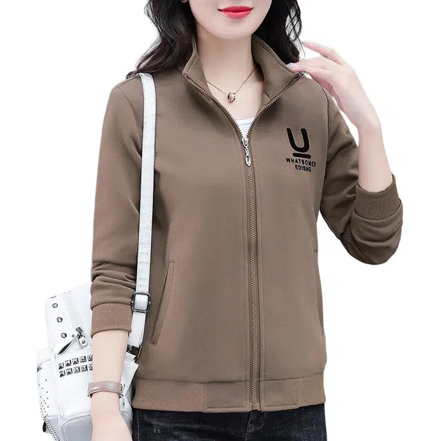 缪斯的诱惑 秋冬经典优雅减龄时尚潮流字母印花简约运动休闲百搭软壳衣纯色日常通勤棉质舒适柔软拉链开衫针织棒球上衣立领夹克外套 女款